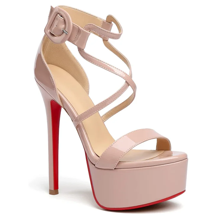 150mm Women's Platform Stiletto Open Toe Ankle Strap Crisscross Red Bottoms Sandals VOCOSI VOCOSI