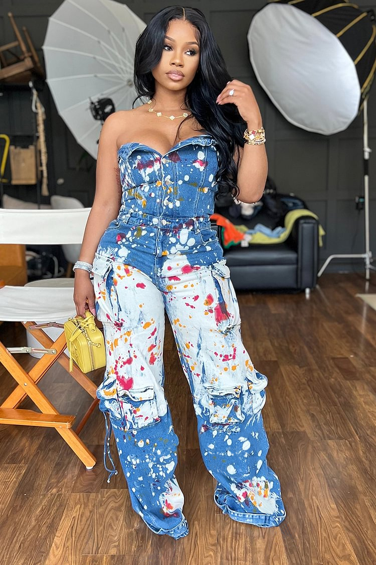 Denim Strapless Splash Ink Print Straight Leg Cargo Jumpsuit-Blue