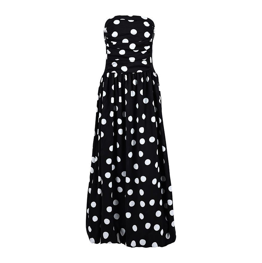 Women's Polka Dot Strapless Midi Dress Ruched Bodice A-Line