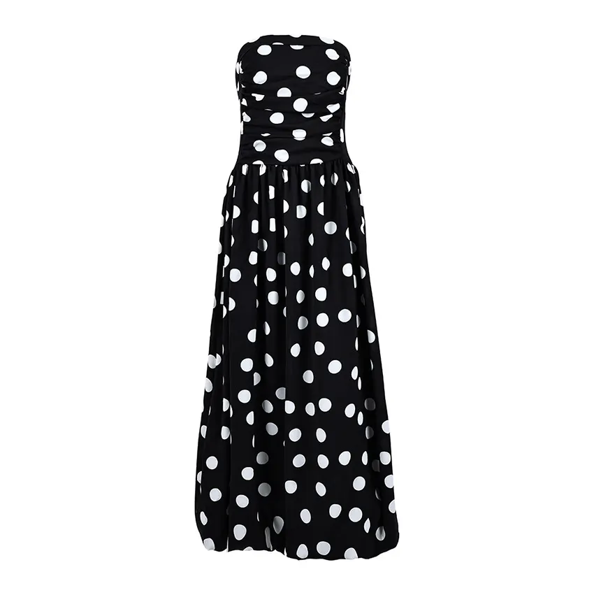 Women's Polka Dot Strapless Midi Dress Ruched Bodice A-Line