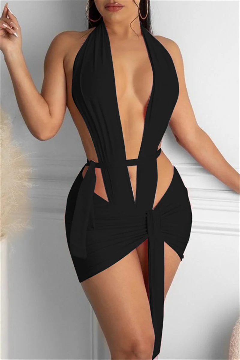 Fashion Sexy Solid Hollowed Out Backless V Neck Sleeveless Two Pieces