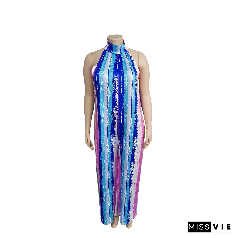 Tie Dye Striped Printed Sleeveless Loose Jumpsuits