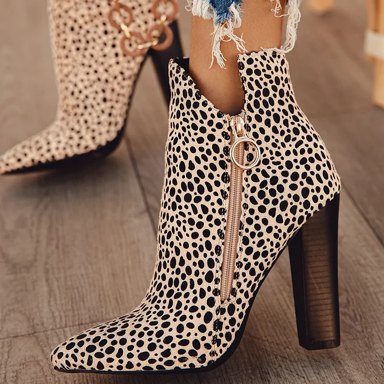 Beige Vegan Suede Leopard Print Boots Zipper Chunky Heel Ankle Boots |FSJ Shoes