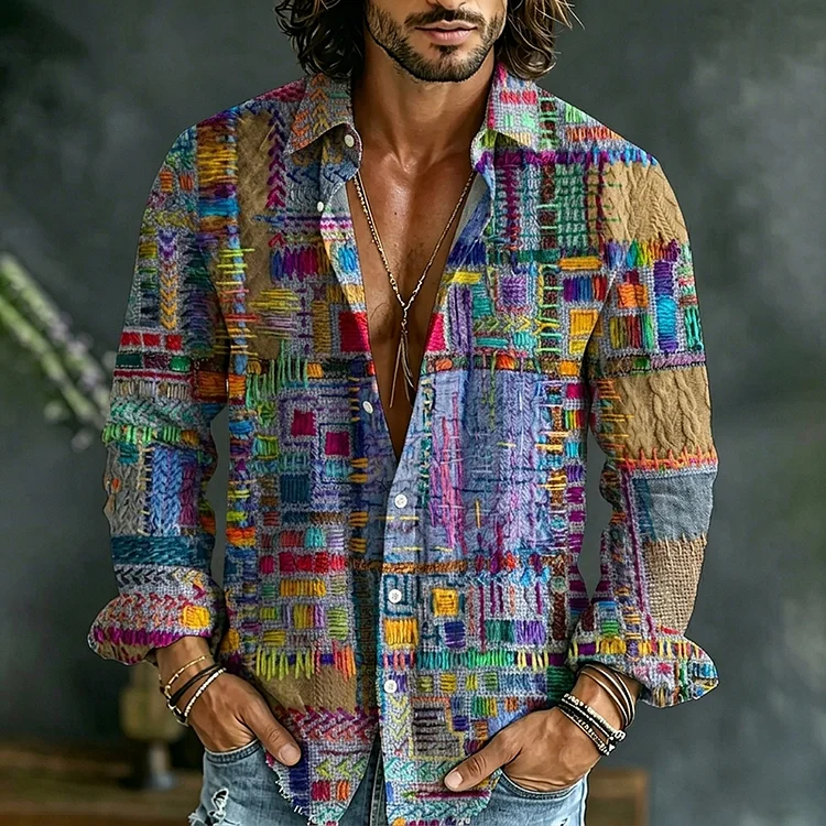Vintage Colorful Geometric Patterns Casual Cotton Linen Shirt