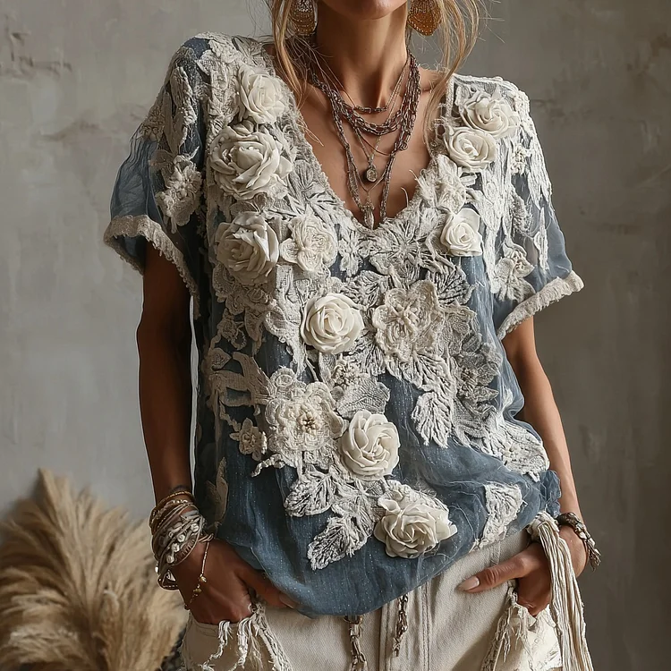 Women's Vintage White Rose Pattern Linen V-neck T-shirt