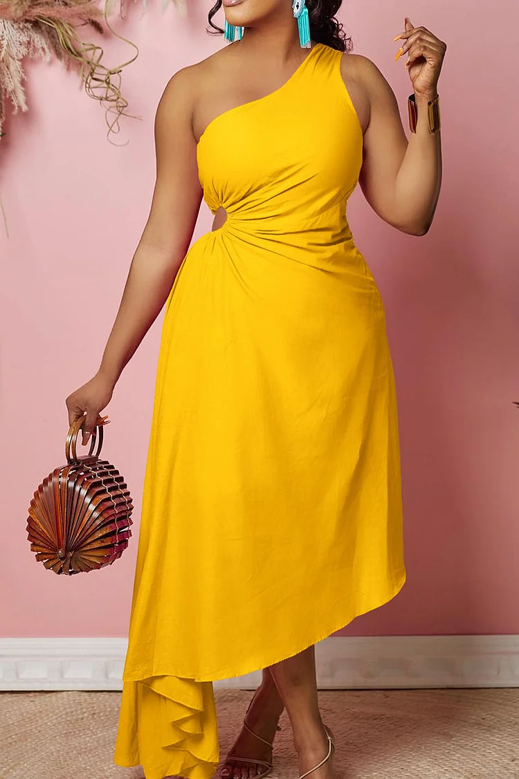 Plus Size Yellow Casual One Shoulder Sleeveless Fold High Low Hem Midi Dresses [Pre-Order]
