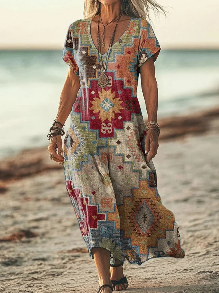Women's Western Geometric Print Linen Blend Dress