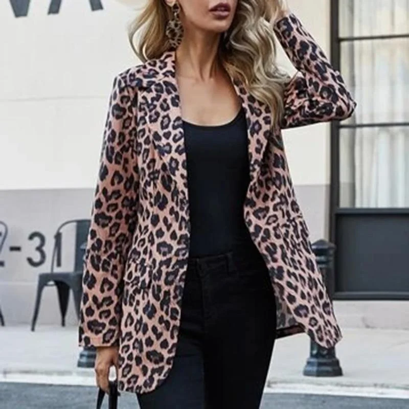 Fashion Trend Women Lapel Leopard Print Long Sleeves Suit Jacket Elegant Fall Winter Office Lady Cardigan Coat Casual Streetwear
