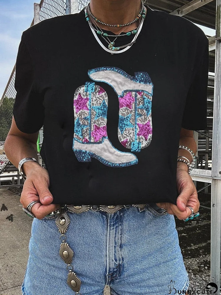 Sparkling Black Western Boots & Stars Tee