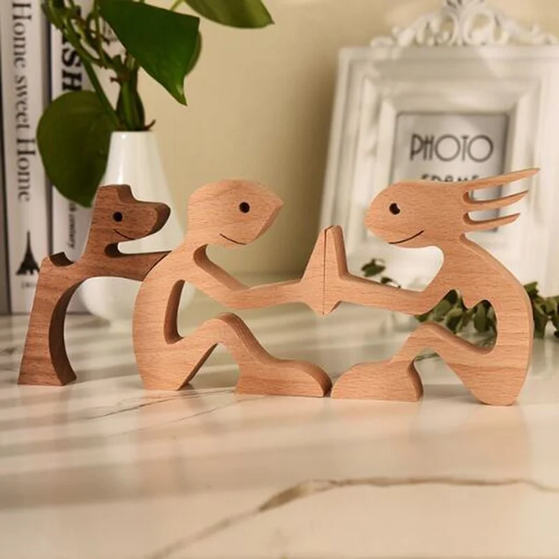 Family Puppy Wood Dog Craft Figurine Desktop Table Ornament Carving Model Creative Home Office Decoration Love Pet Sculpture