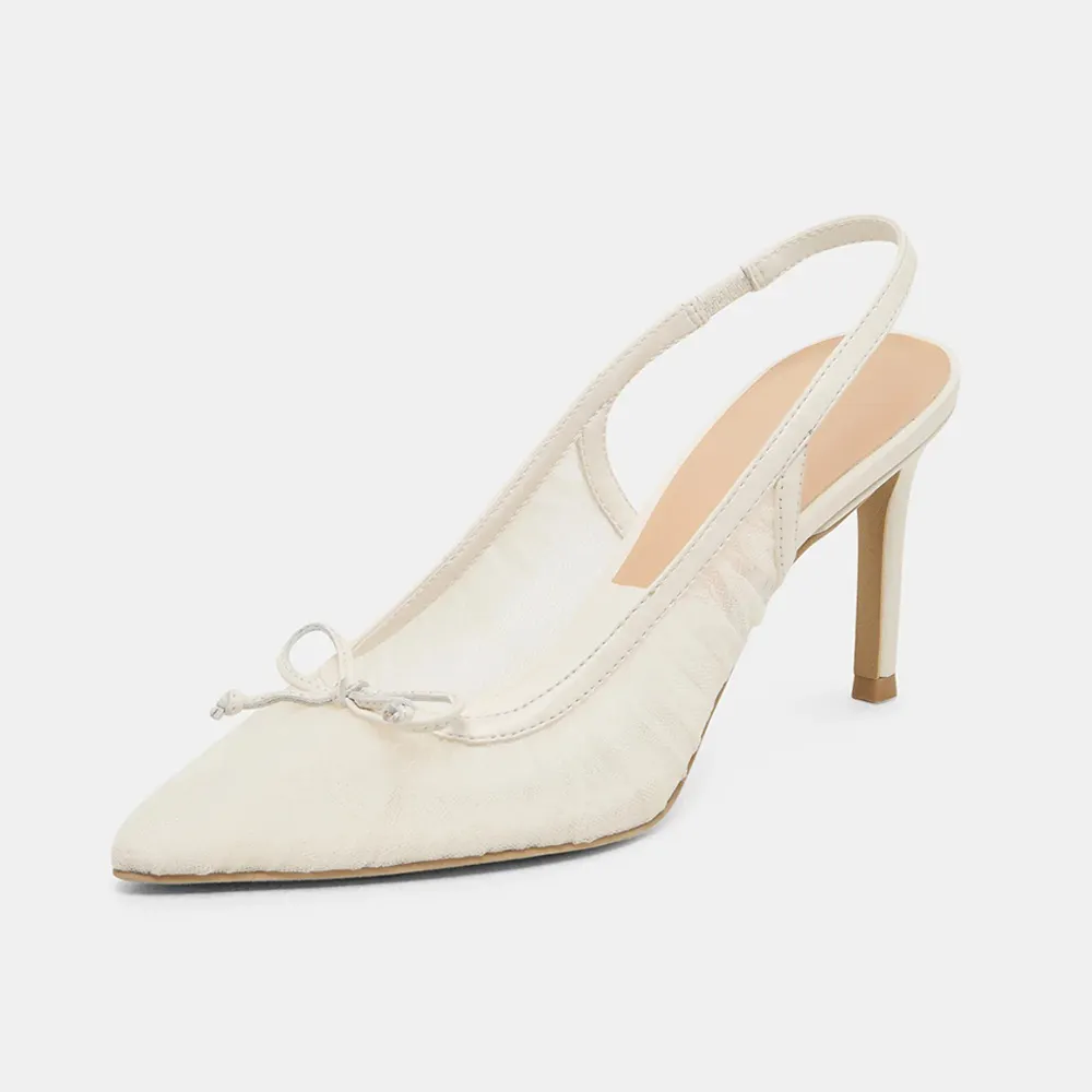 White Mesh Pointed Toe Bow Decor Stiletto Heel Slingback Pumps