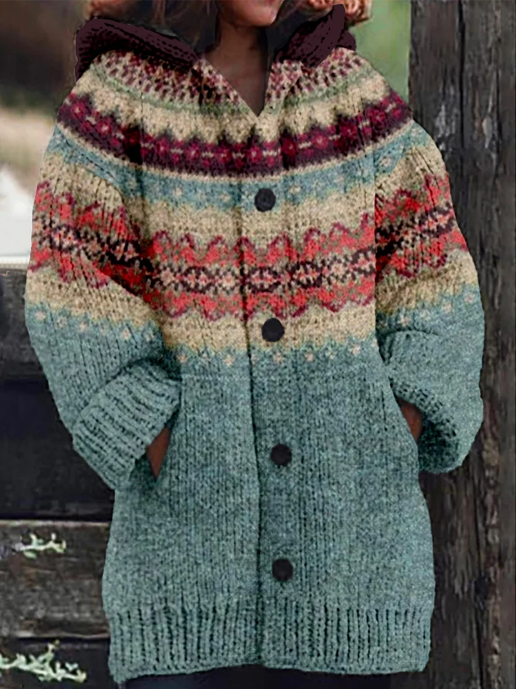 Utbros Vintage Fairisle Pattern Jacquard Cozy Hooded Cardigan