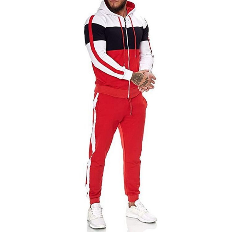 BrosWear Three-Color Stitching Color Sweatpants Zipper Hooded Tracksuit Set red