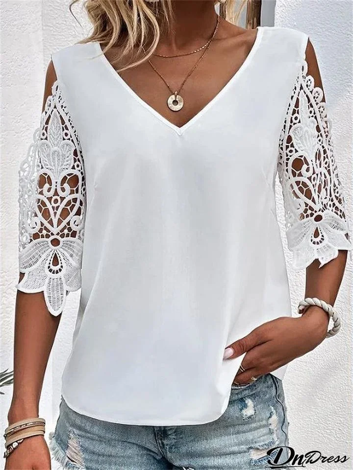 Women's Sweet Candy Color V Neck Lace Half Sleeve T-shirt