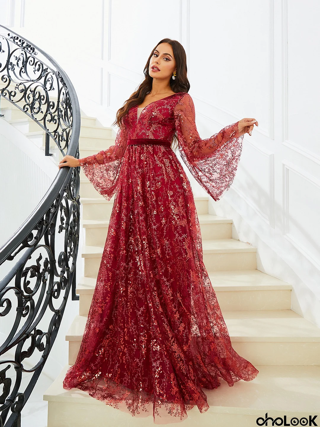 A-Line Double V-neck Bell Sleeve Wine Prom Dress RJ10440