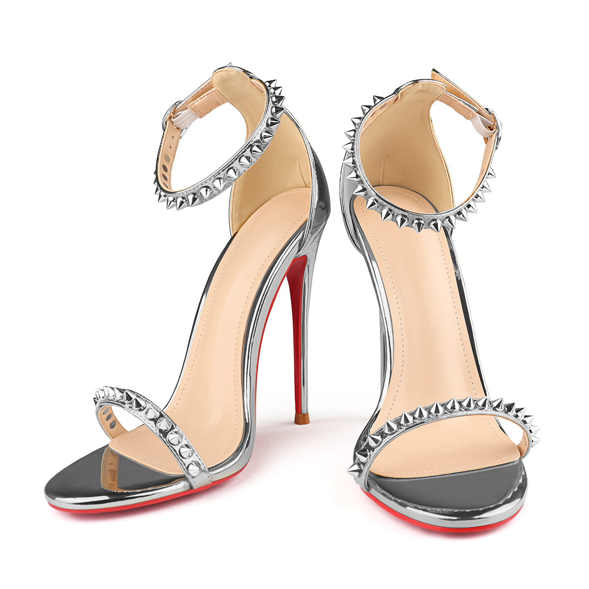 120mm Women's Pointed Toe Open Toe Rivet Ankle Strap Red Bottom Sandals Pumps Shoes-MERUMOTE