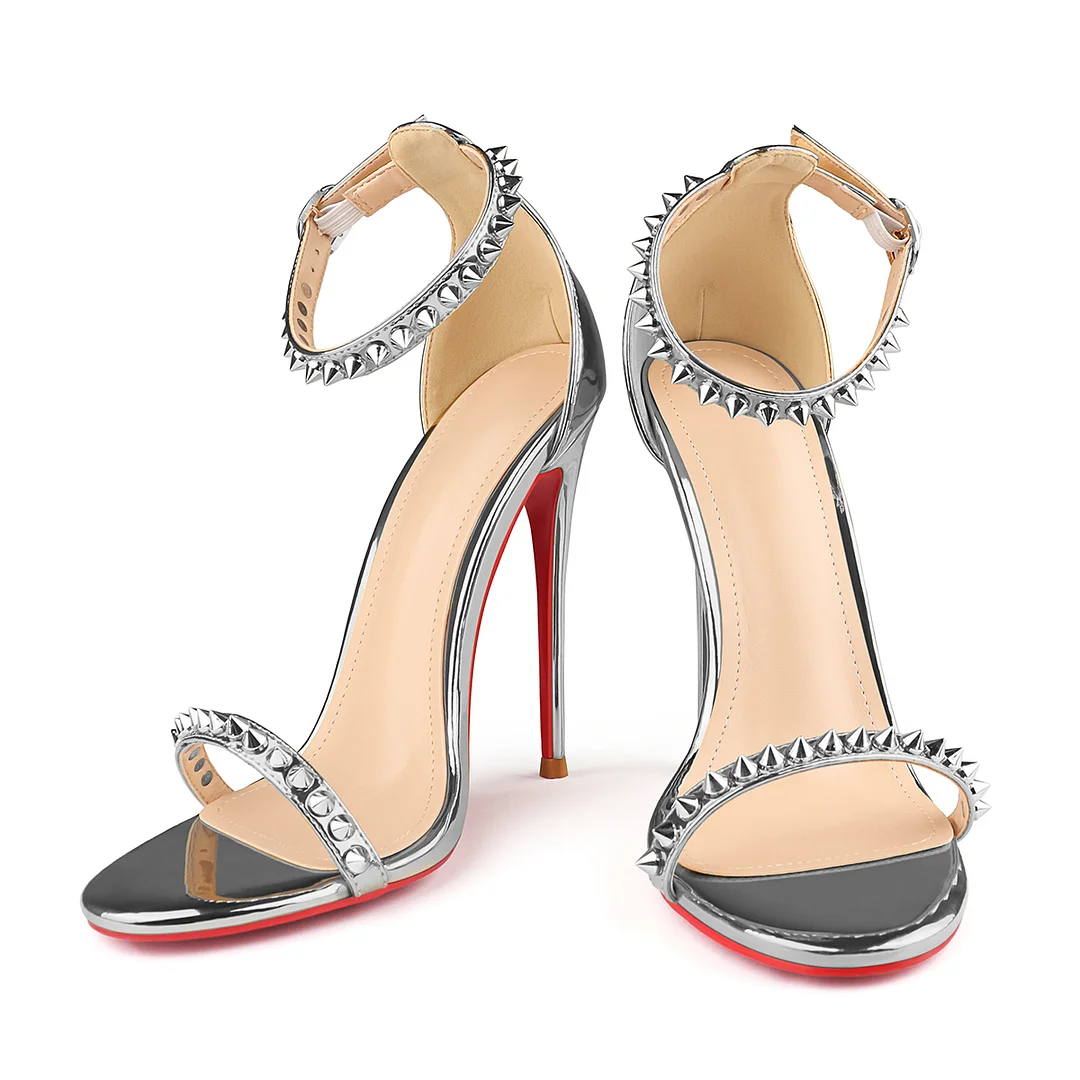 120mm Women's Pointed Toe Open Toe Rivet Ankle Strap Red Bottom Sandals Pumps Shoes-MERUMOTE