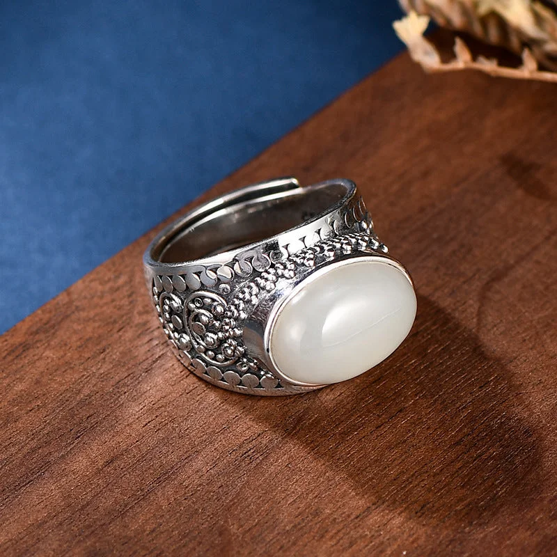 S925 Silver Malachite White Jade Vintage Adjustable Ring