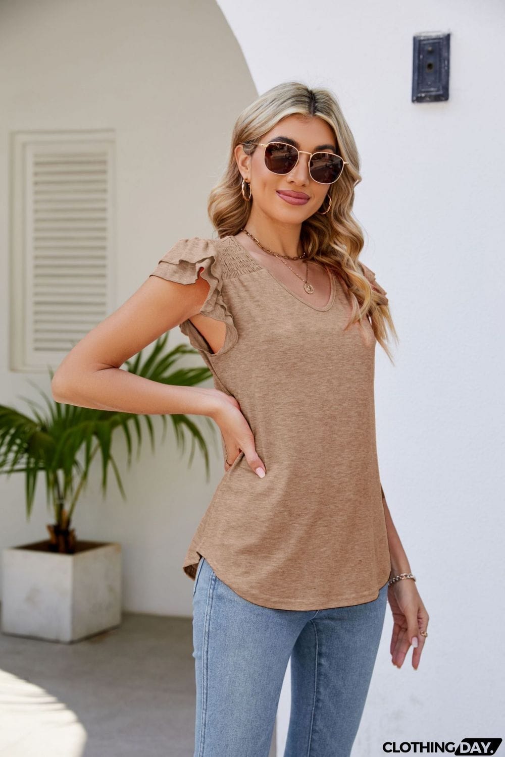 Smocked Flutter Sleeve V-Neck Top