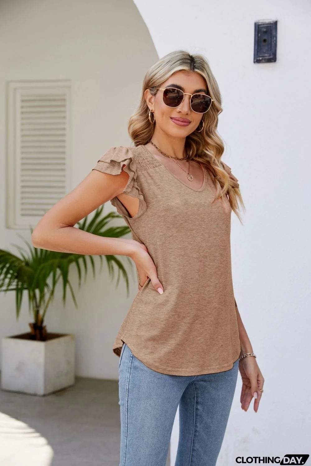 Smocked Flutter Sleeve V-Neck Top