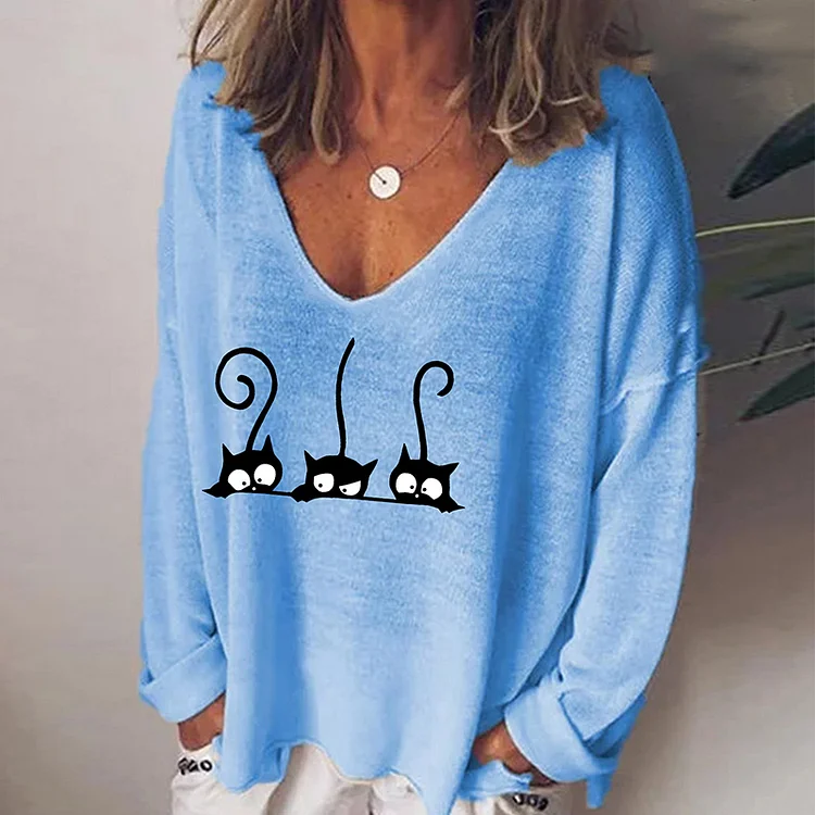 Wearshes Simple Cat Print V-Neck Long Sleeve T-Shirt