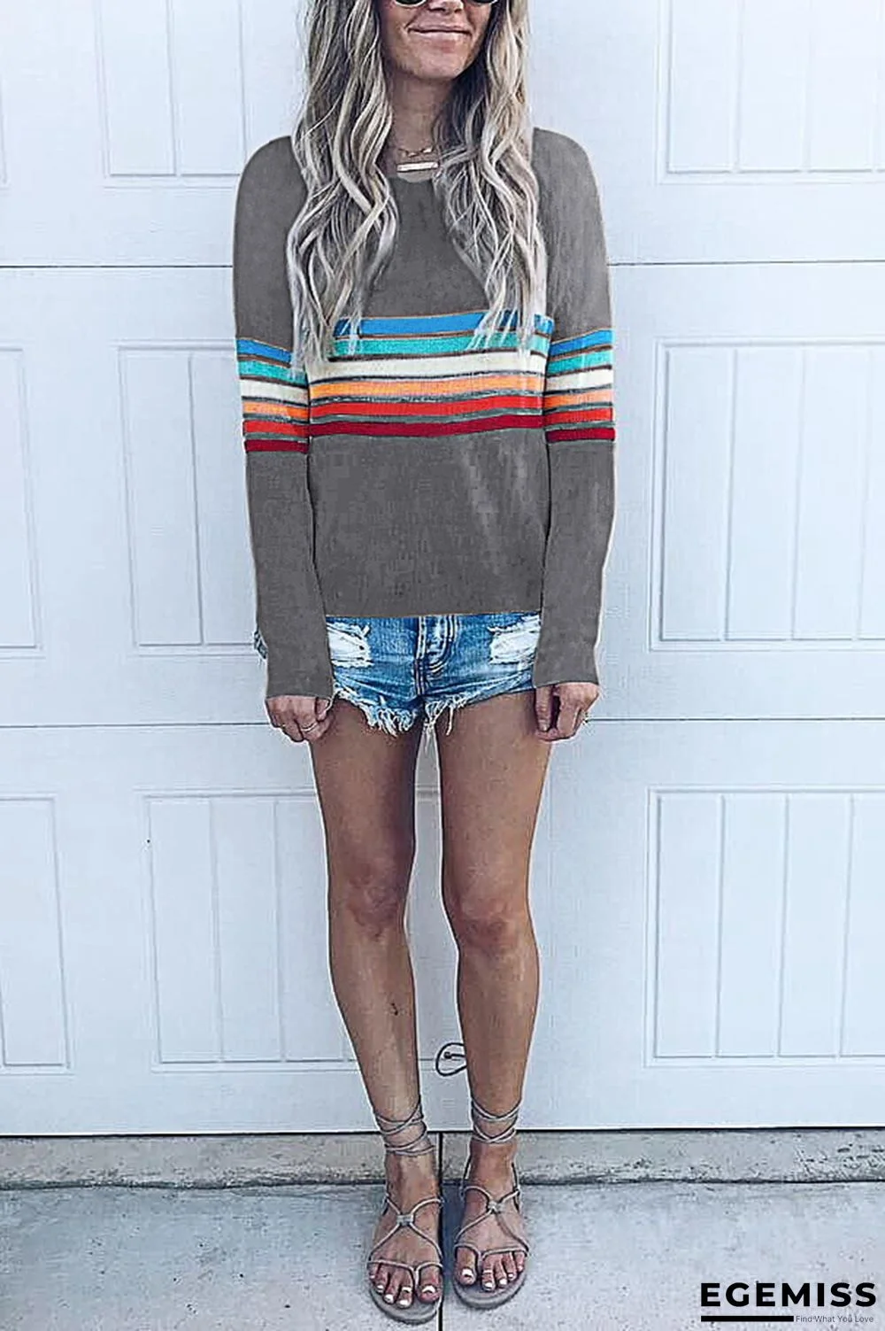 Grey Fashion Colorful Striped Long Sleeve T-Shirt | EGEMISS