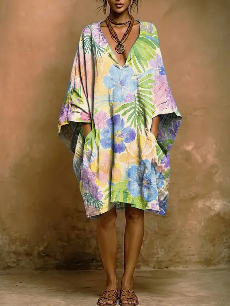 Bohemian Resort-style Floral Print V-neck Loose-fit Cotton-linen Dress