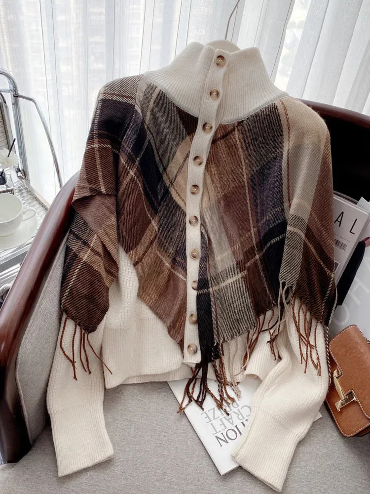 Huiketi Plaid Fringed Turtleneck Knitted Sweater Women Winter Cardigan Long Sleeve Top Shawl Coat Korean Fashion Casual Knitwear