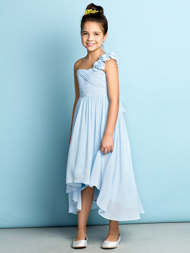 A-Line One Shoulder Asymmetrical Chiffon Junior Bridesmaid Dress With Criss Cross / Flower / Natural / Mini Me