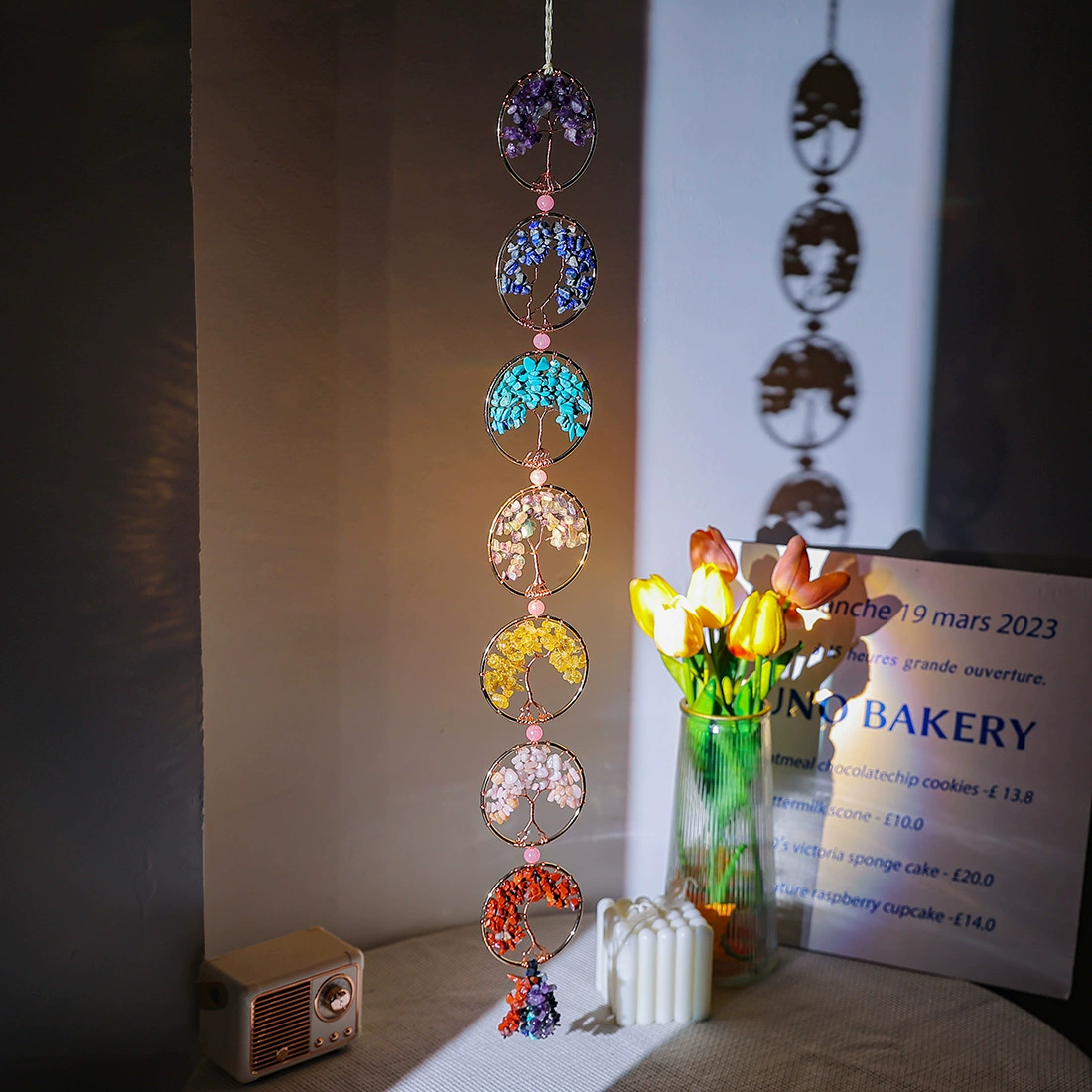 Tree of Life 7 Natural Gemstones Hand-Woven Decorative Pendant