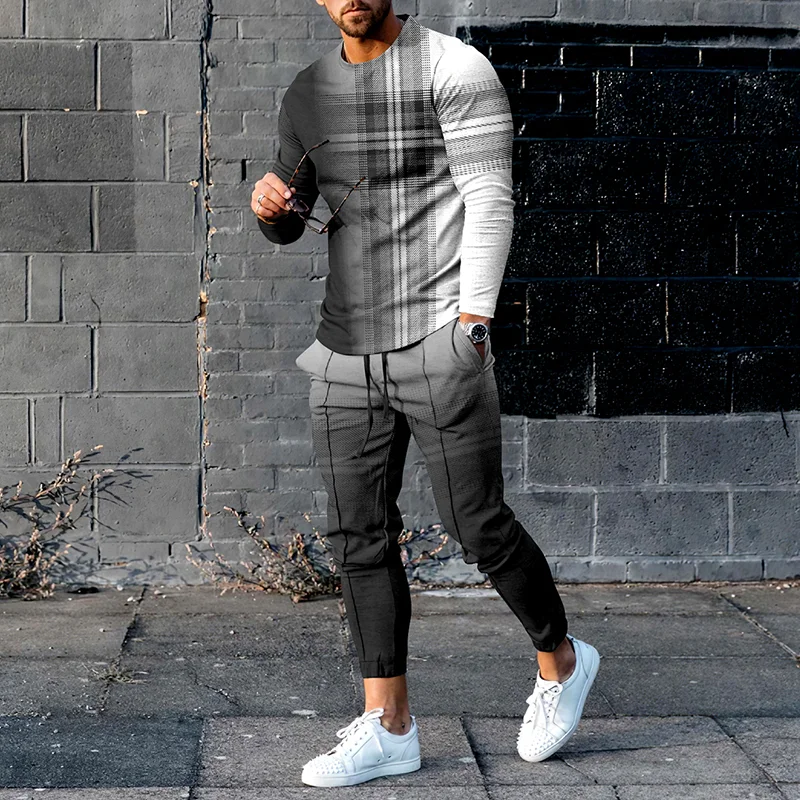 Gradient Plaid Fashion Casual Long Sleeve T-Shirt And Pants Co-Ord