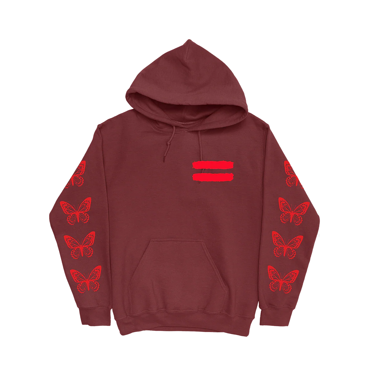 "Ed Sheeran burgundy graphic hoodie with butterfly prints on sleeves"