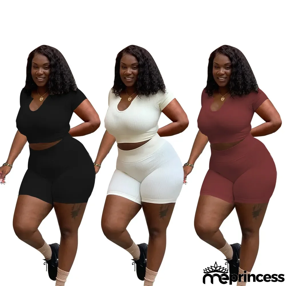 Plus Size Solid Color Short Sleeve Shorts Two Piece Sets