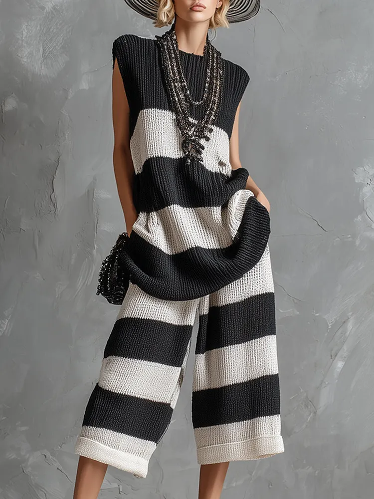 Elegant Resort Striped Knit Vest And Capri Pants Set
