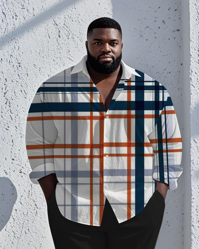 Men's Plus Size Business Blue Contrast Check Geometric Print Long Sleeve Shirt
