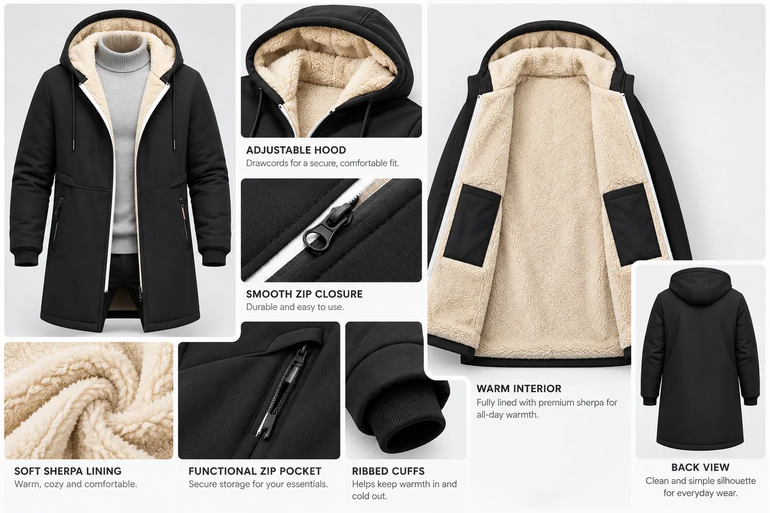 Close-up details: adjustable hood, smooth zip closure, warm shearling interior, soft lining, zip pocket and ribbed cuffs