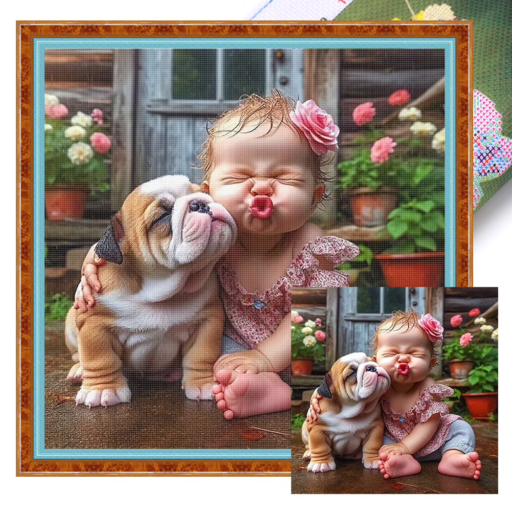 Girl And Puppy Full 11CT Pre-stamped Canvas(40*40cm) Cross Stitch