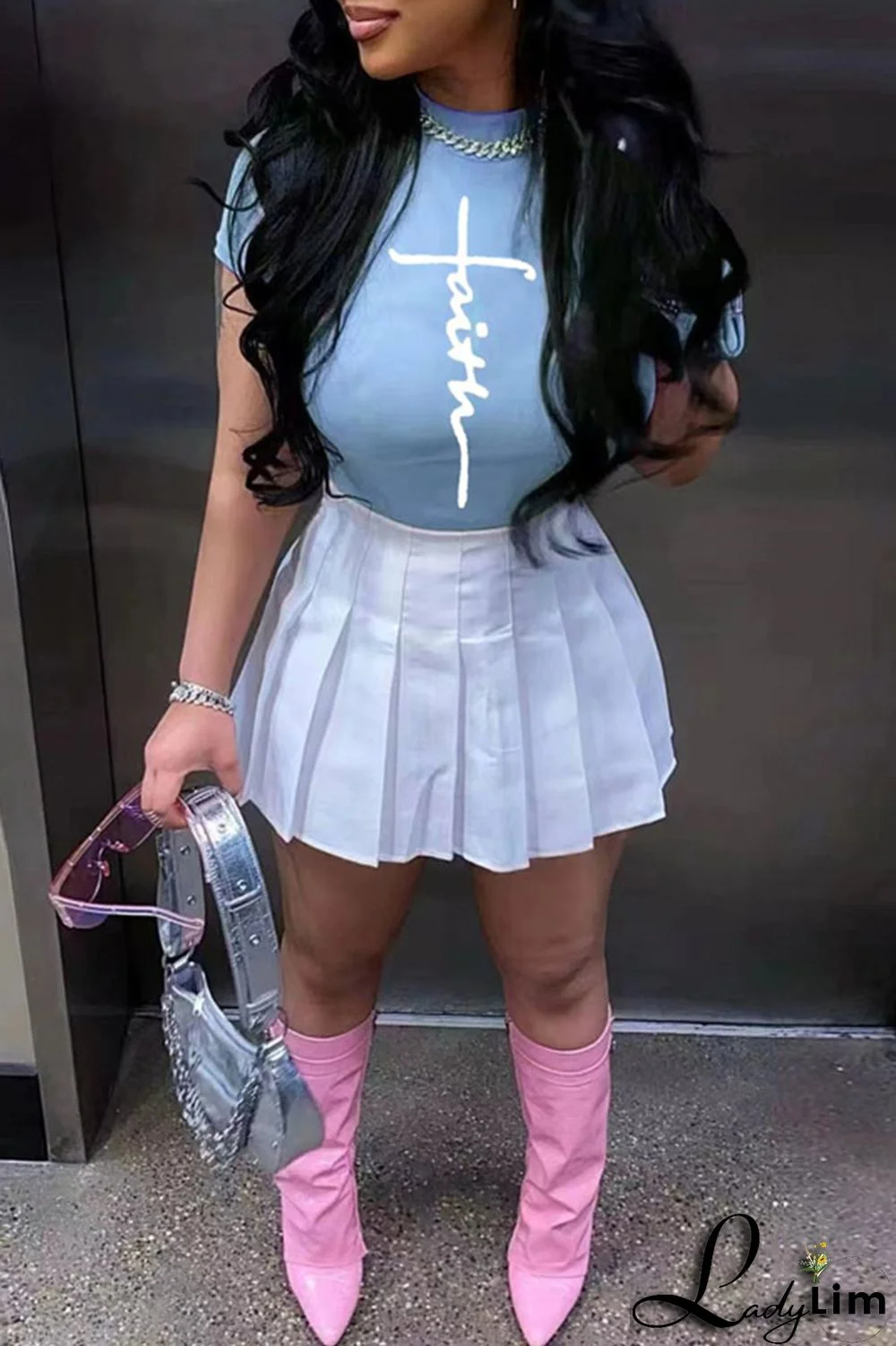 Sky Blue Fashion Casual Print Basic O Neck Short Sleeve Two Pieces