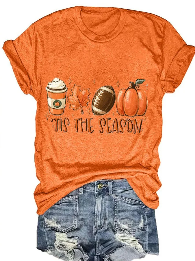 Women's Tis The Season Pumpkin Football Maple Leaf Autumn Print T-Shirt