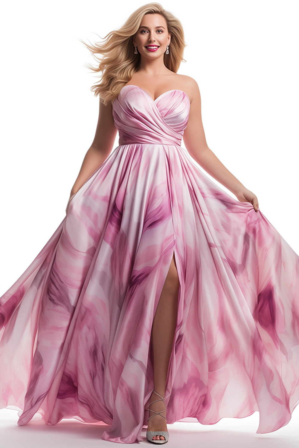 Flycurvy Plus Size Wedding Guest Pink Floral Print Strapless Slit Maxi Dress