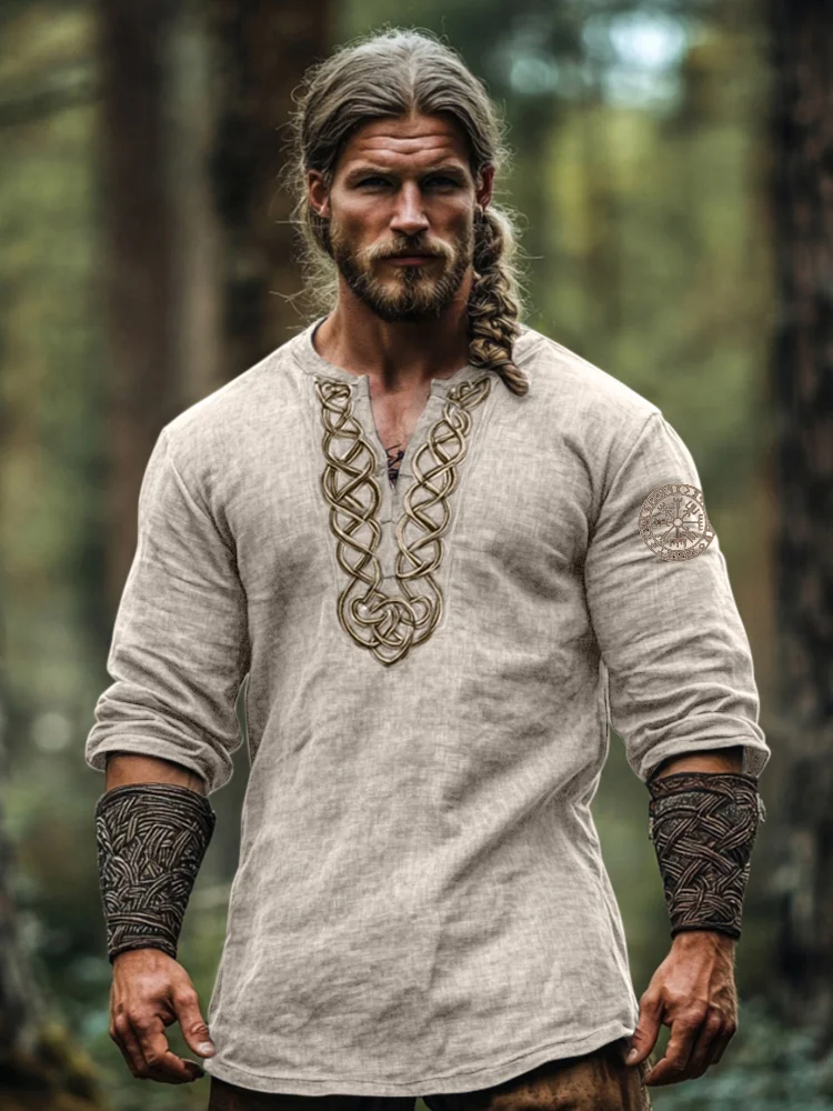Men's Vintage Viking Symbol Linen V-neck Shirt