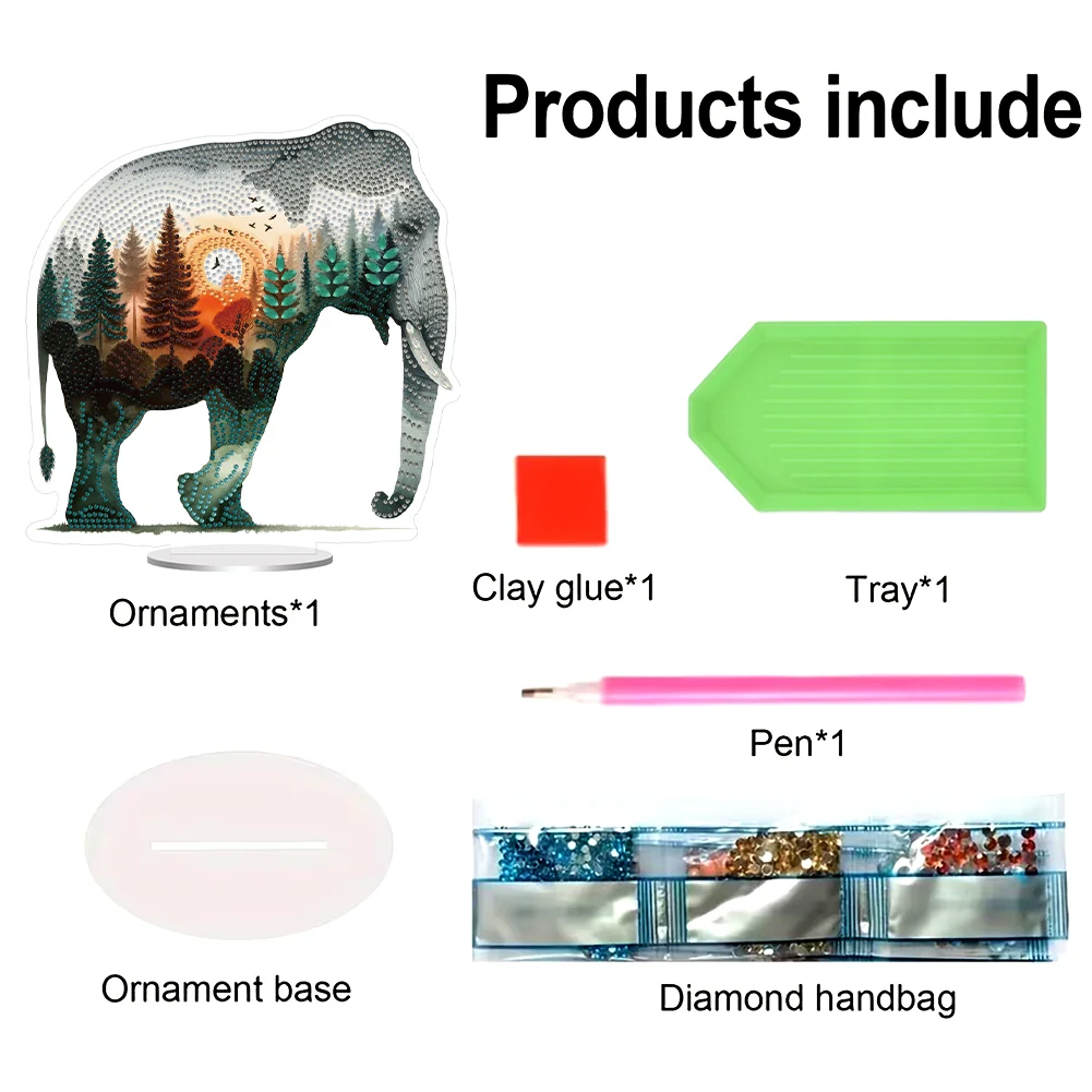 5D DIY Acrylic Elephant Animal Scenery Silhouette Special Shape Diamond Painting Art Tabletop Decorations