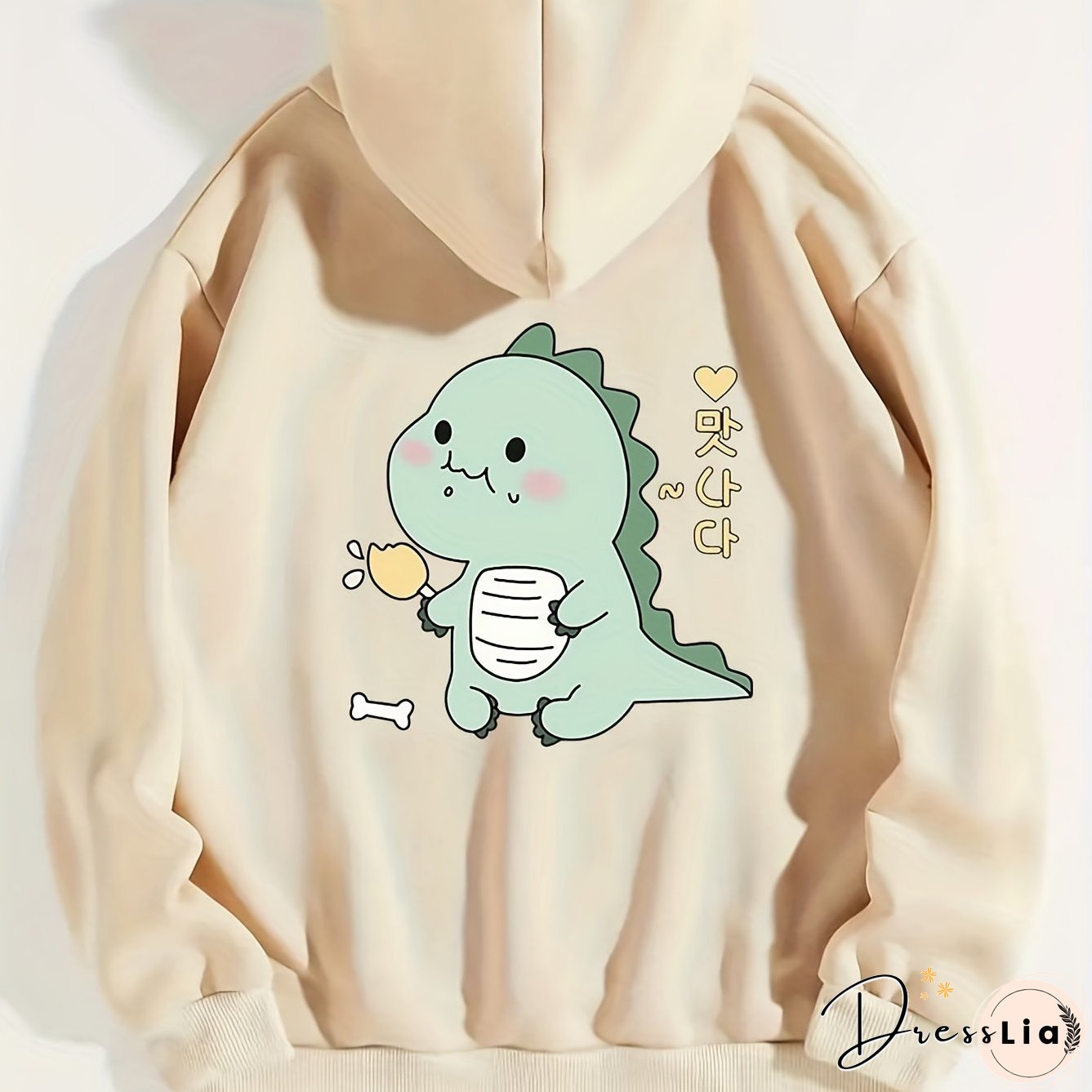 Cartoon Dinosaur Graphic Long Sleeve Fleece Hooded Sweatshirts Print Drawstring Sports
