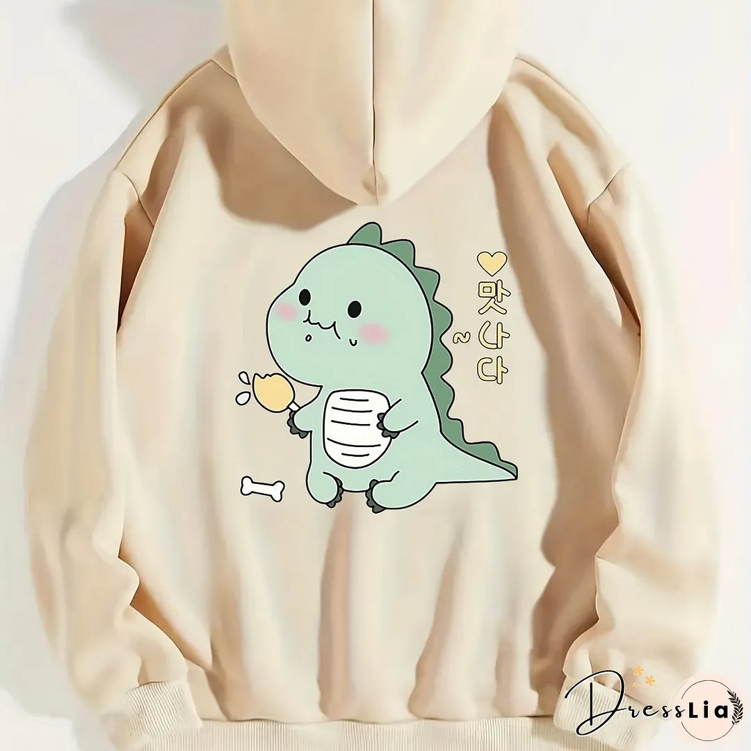 Cartoon Dinosaur Graphic Long Sleeve Fleece Hooded Sweatshirts Print Drawstring Sports