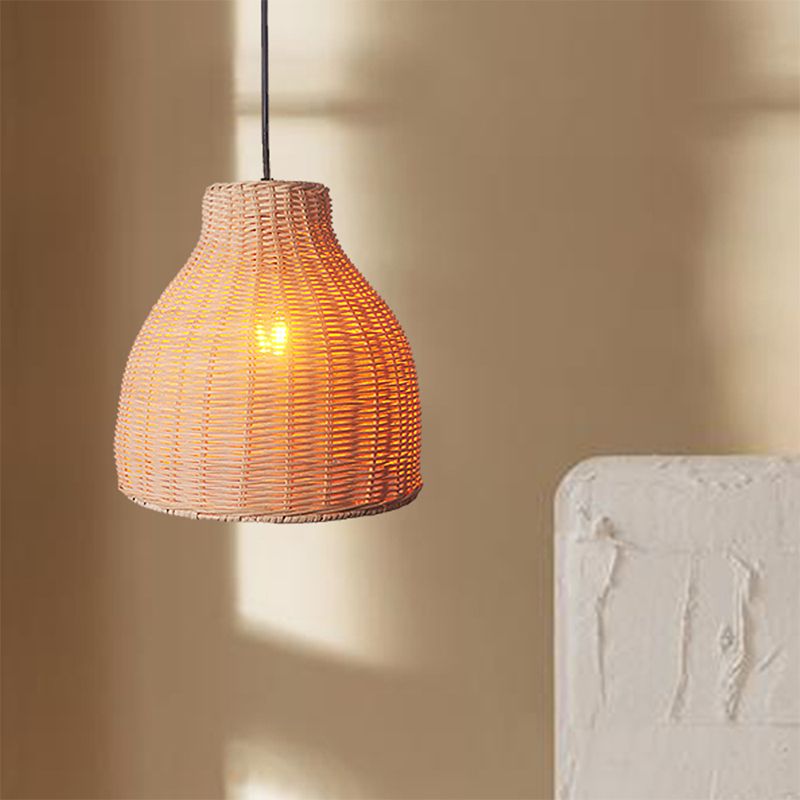 Geometric Shape Pendant Lamp with Rattan Shade for Bedroom