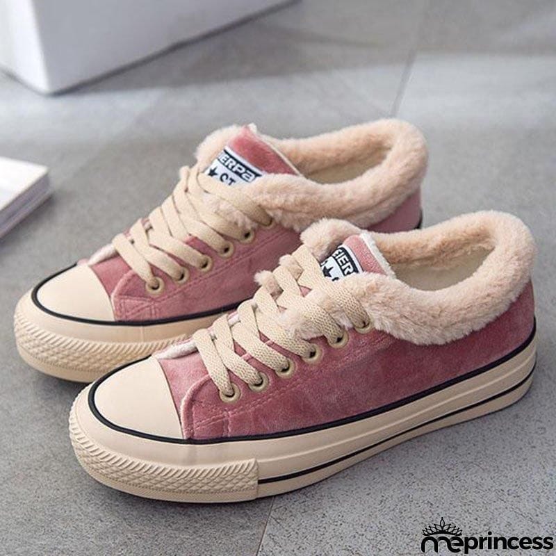 Womens Canvas Snow Sneakers Fur Lined Shoes