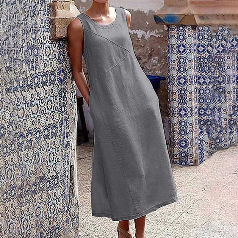 Retro Pocket Comfy Sleeveless Midi Dress wearshes