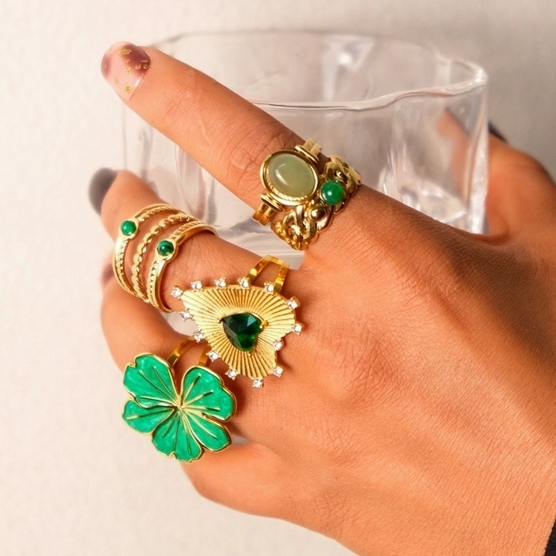 Vacation Roman Style Heart Shape Flower 304 Stainless Steel 14K Gold Plated Natural Stone Zircon Rings In Bulk