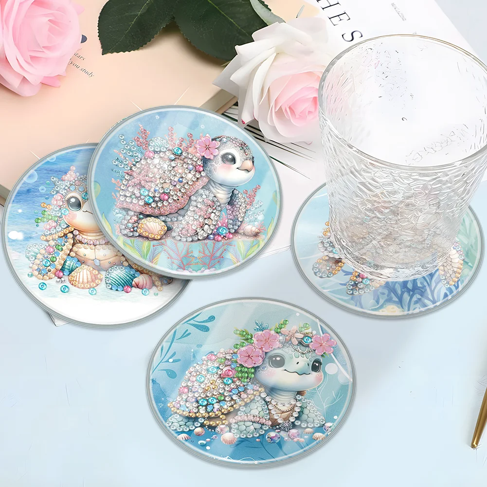 4Pcs Turtle DIY Waterproof Acrylic Special Shape Diamond Painting Coaster