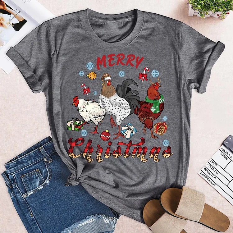 Merry Christmas Farm Chicken Round Neck T-shirt-0019200